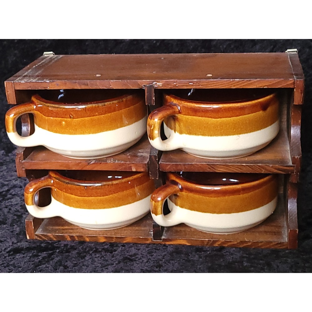 Vtg Brown Stoneware Soup Kitchen Crock cup Set with Wooden Wall Hanging Rack